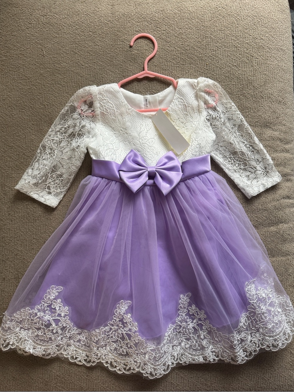 SHEIN White Lace Top Lavender Tulle Bow Party Dress for Girls